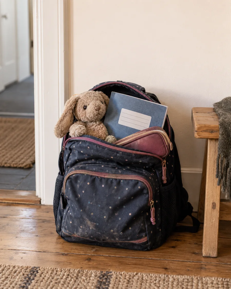 Gepackter Kinderrucksack mit Stoffhase, Schulheft und Federmäppchen im Flur
